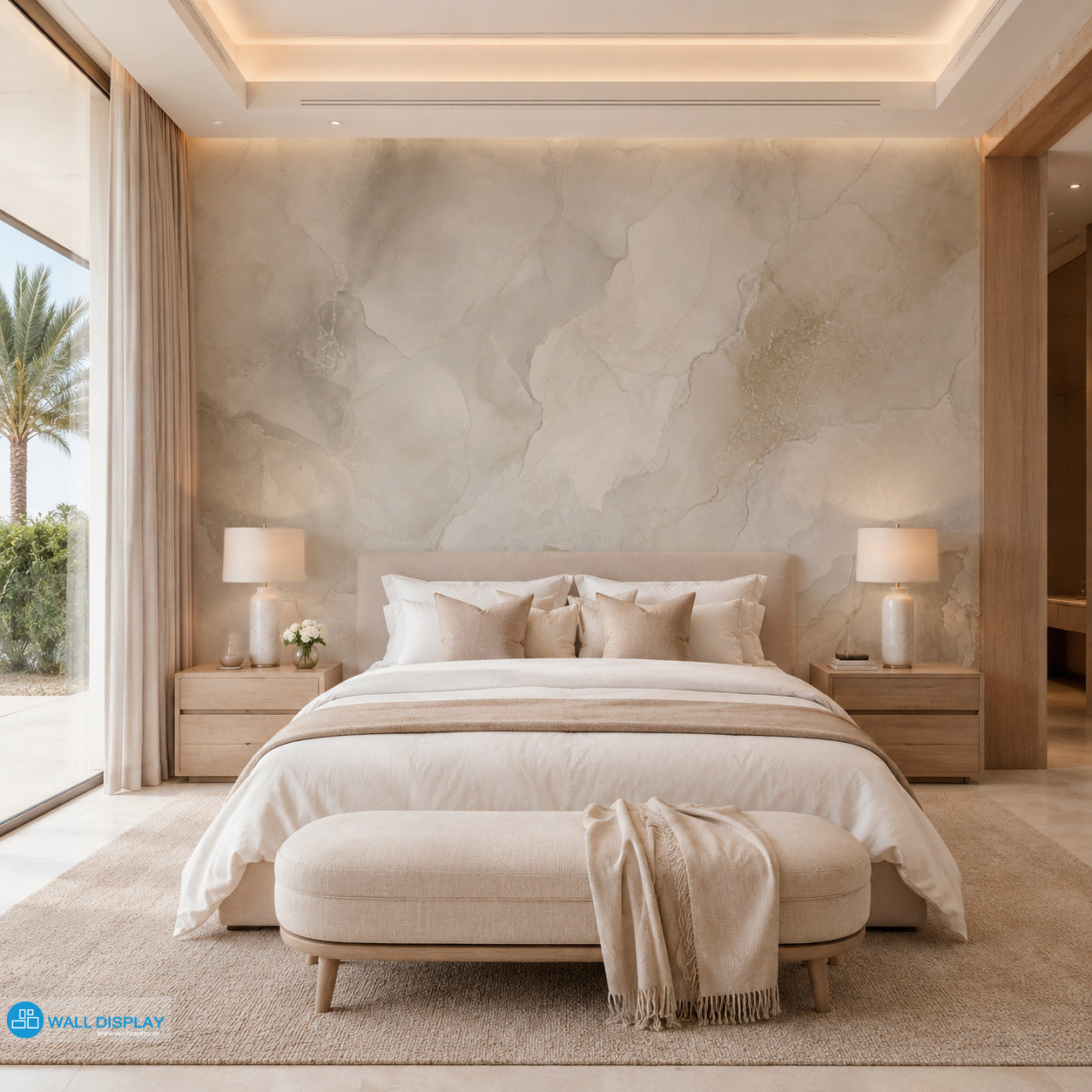 Aqua Mist Marble Wall Mural with soft blue, pearl white and grey natural stone textures