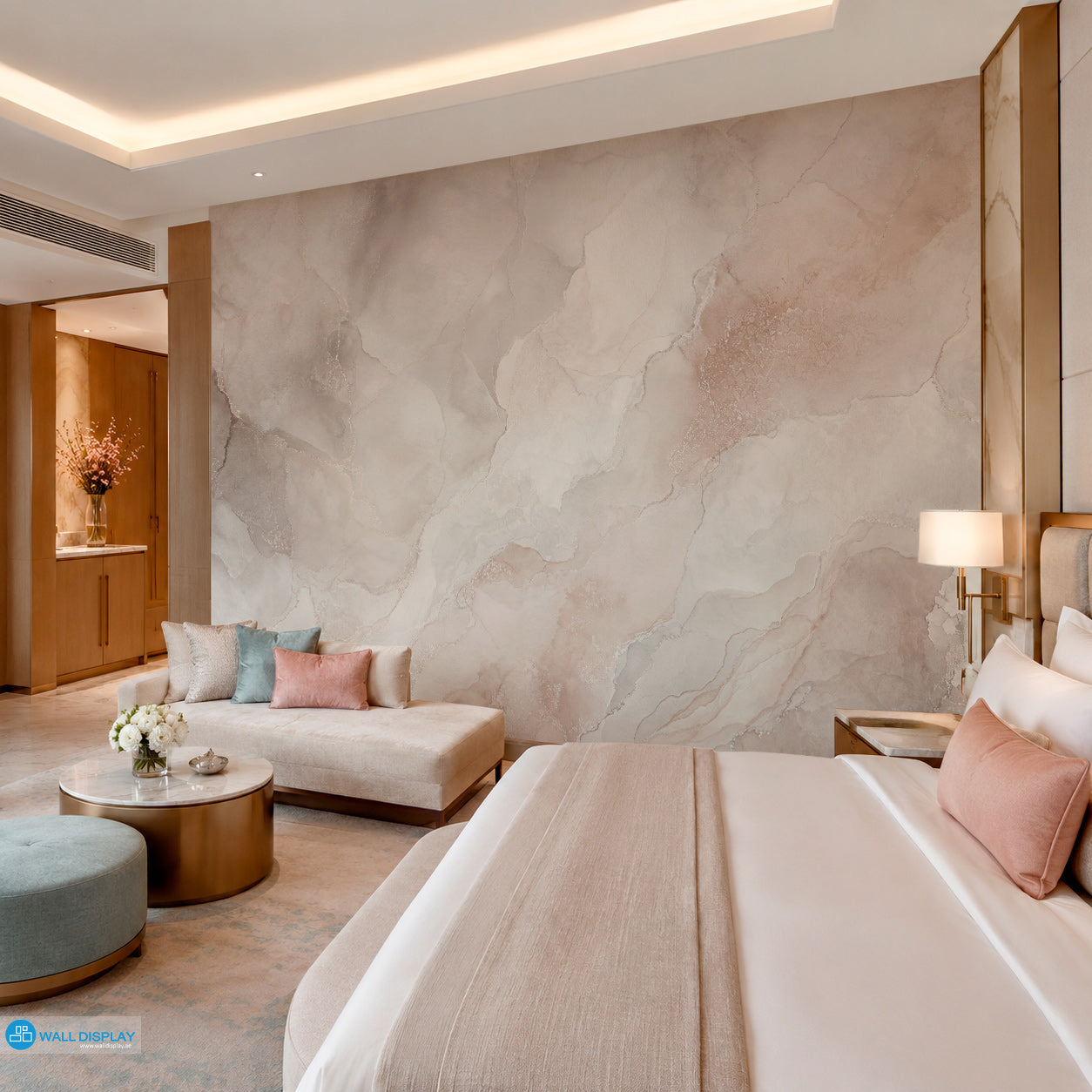 Aqua Mist Marble Wall Mural with soft blue, pearl white and grey natural stone textures