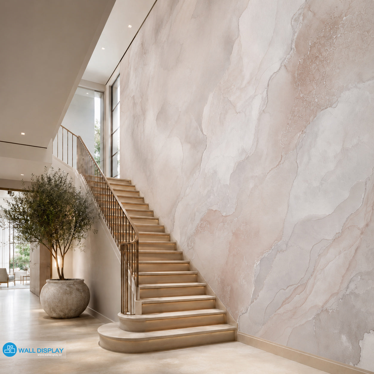 Aqua Mist Marble Wall Mural with soft blue, pearl white and grey natural stone textures