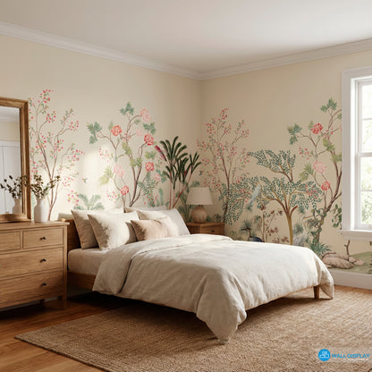 chinoiserie wall mural, floral botanical wallpaper, luxury wall mural, nature inspired wallpaper in Dubai, Abu dhabi , UAE