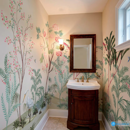 chinoiserie wall mural, floral botanical wallpaper, luxury wall mural, nature inspired wallpaper in Dubai, Abu dhabi , UAE