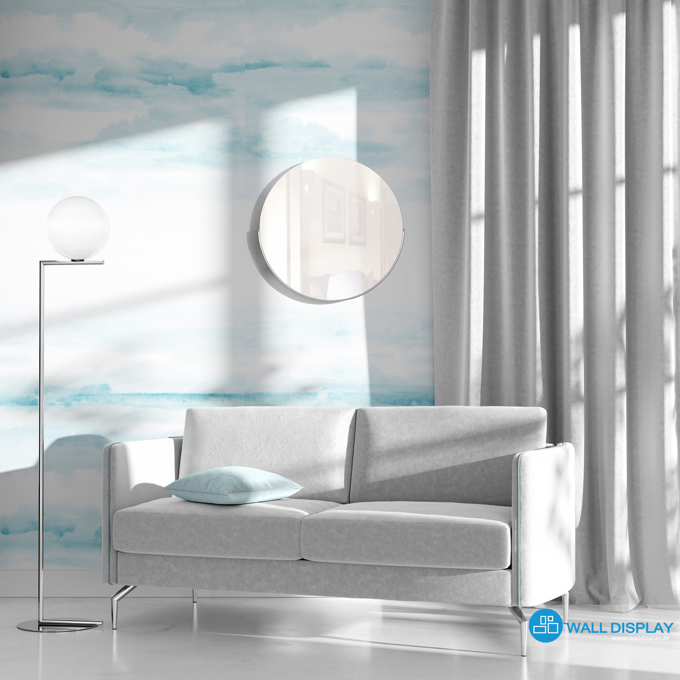 Abstract clouds wall mural in soft blue watercolor style for bedroom, nursery, and kids room wallpaper.