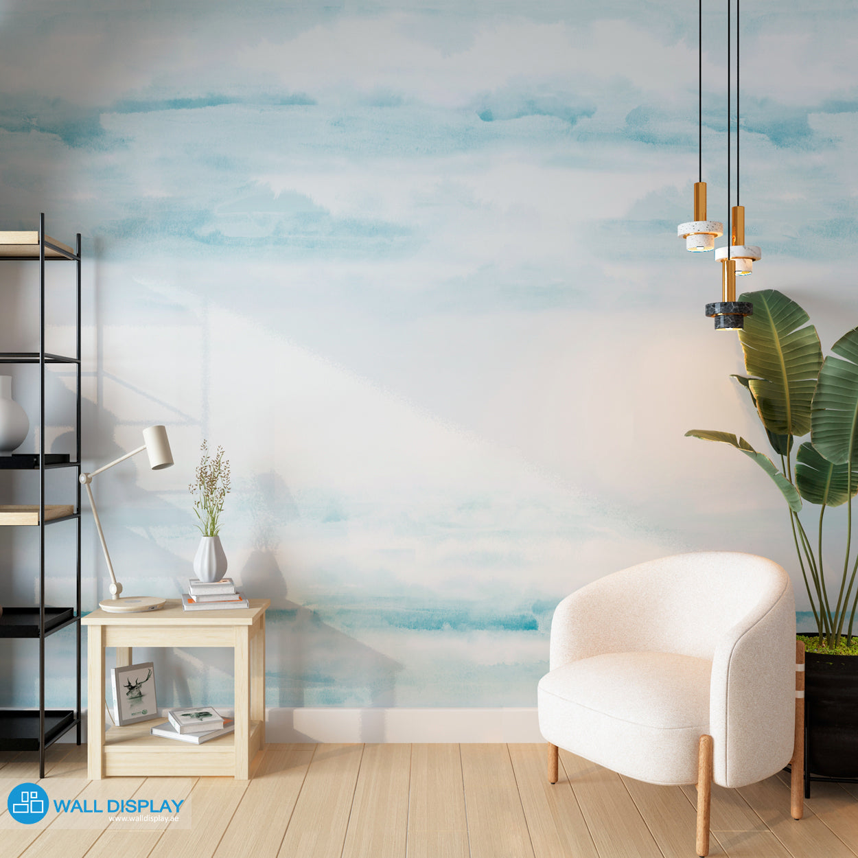Abstract clouds wall mural in soft blue watercolor style for bedroom, nursery, and kids room wallpaper.