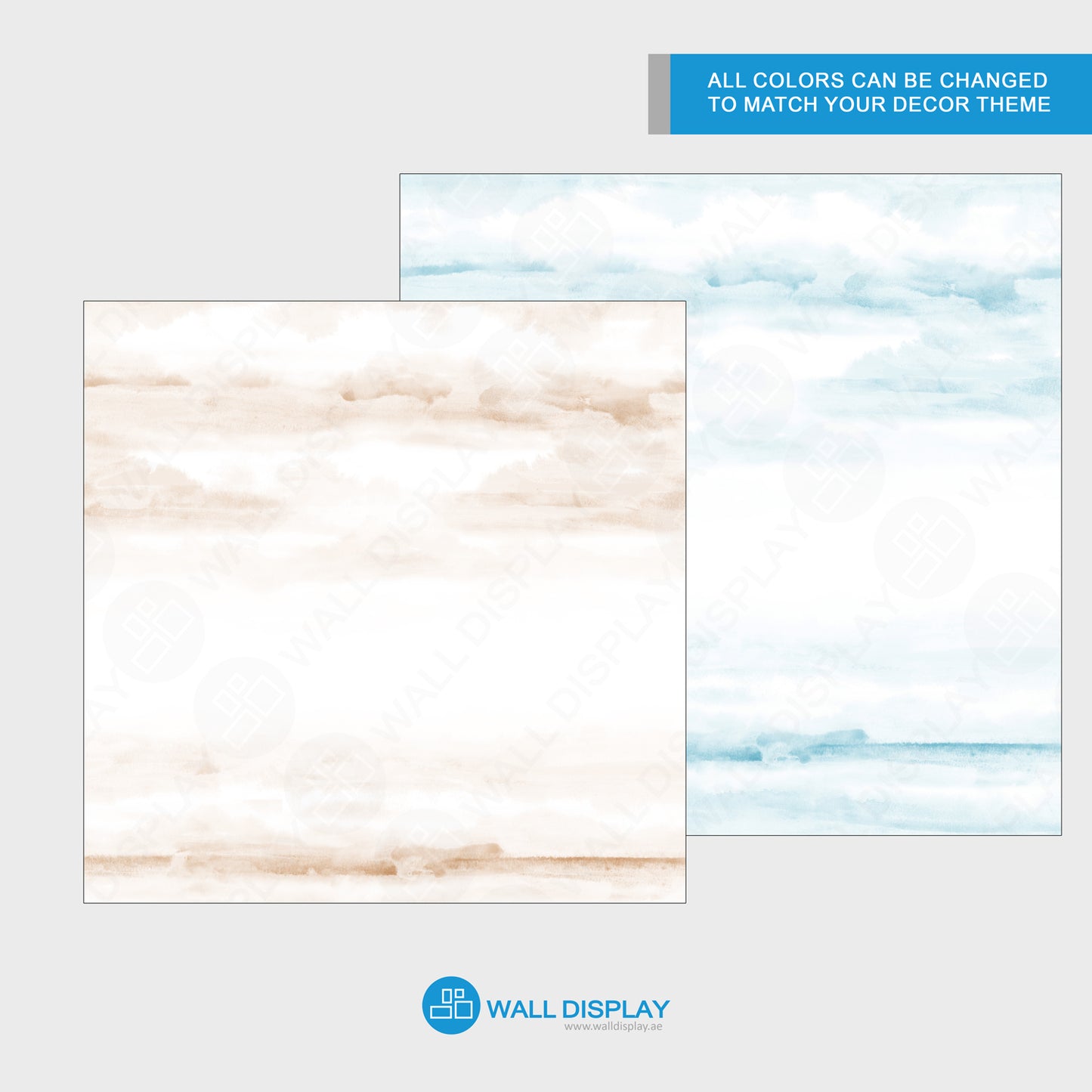 Abstract clouds wall mural in soft blue watercolor style for bedroom, nursery, and kids room wallpaper.