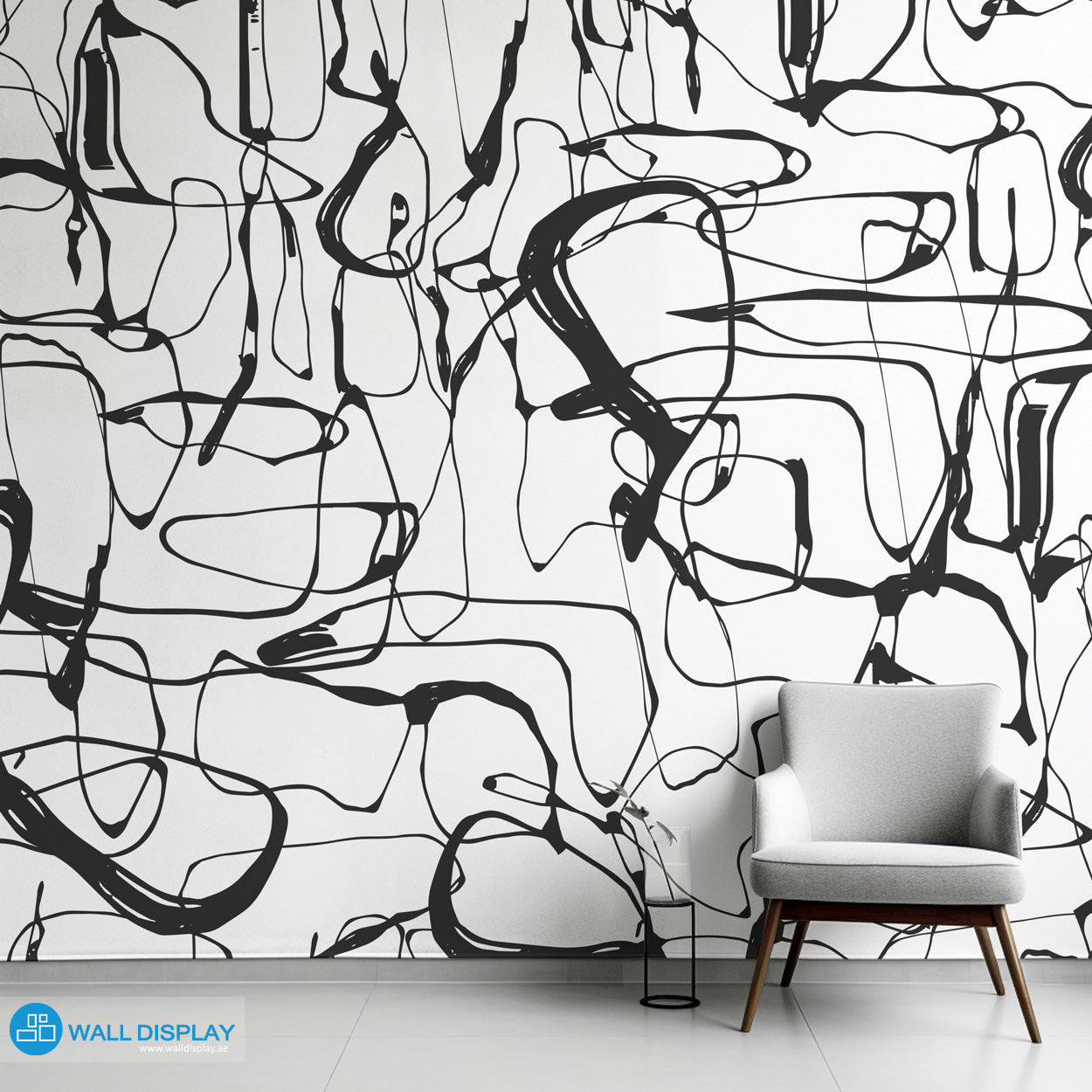 Modern black and white abstract line wallpaper with expressive brushstroke pattern for bedrooms, living rooms, offices, and contemporary feature walls.