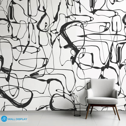 Modern black and white abstract line wallpaper with expressive brushstroke pattern for bedrooms, living rooms, offices, and contemporary feature walls.