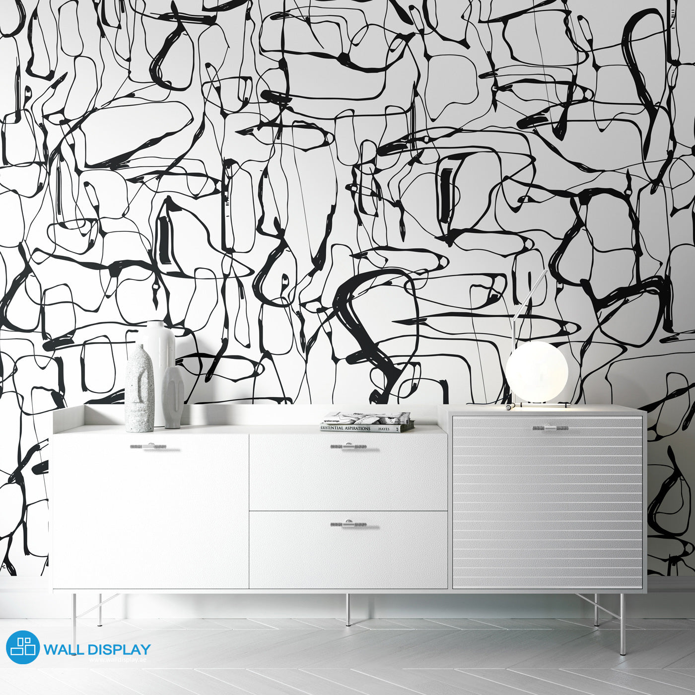 Modern black and white abstract line wallpaper with expressive brushstroke pattern for bedrooms, living rooms, offices, and contemporary feature walls.