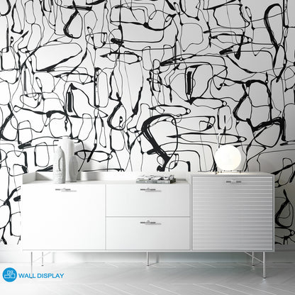 Modern black and white abstract line wallpaper with expressive brushstroke pattern for bedrooms, living rooms, offices, and contemporary feature walls.