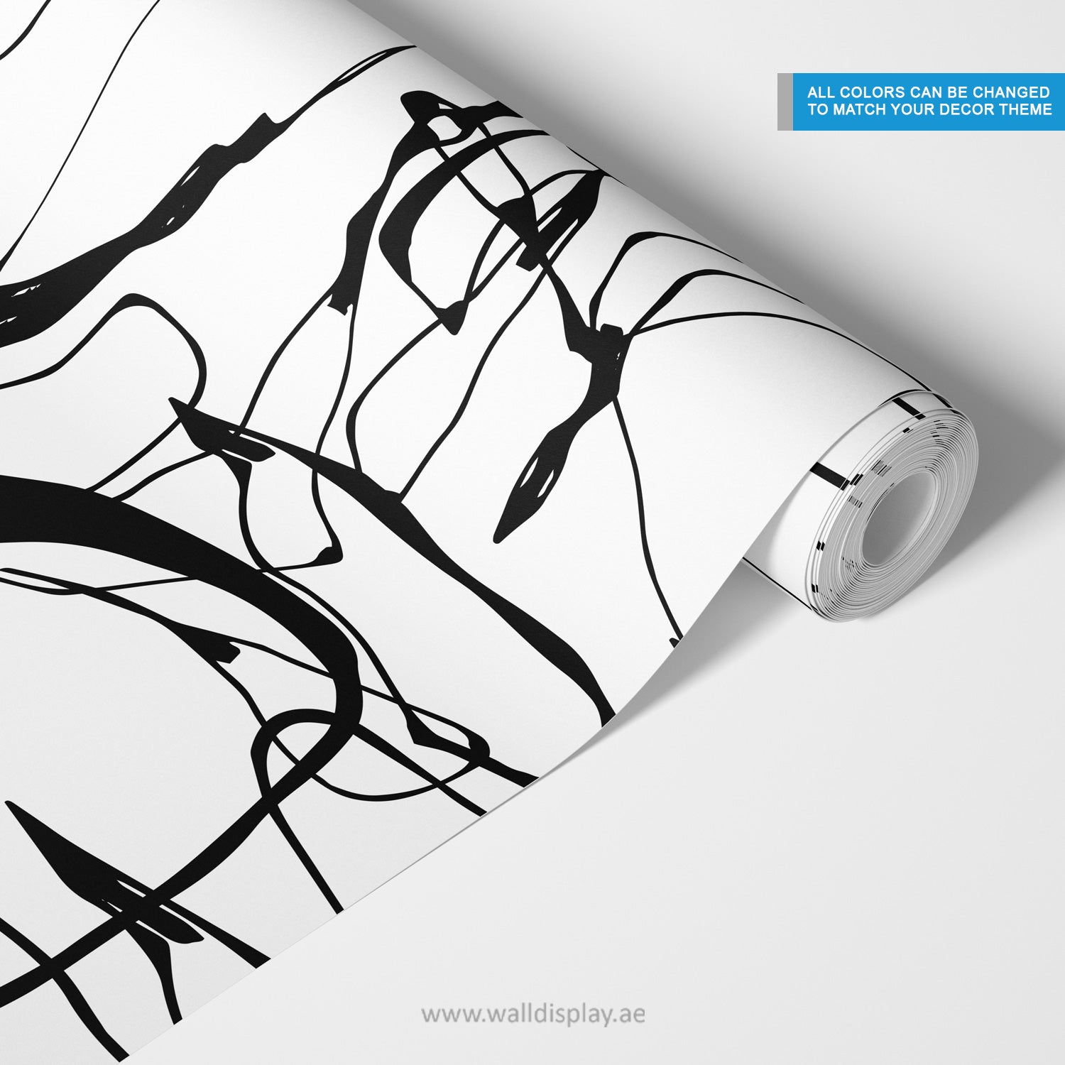 Modern black and white abstract line wallpaper with expressive brushstroke pattern for bedrooms, living rooms, offices, and contemporary feature walls.