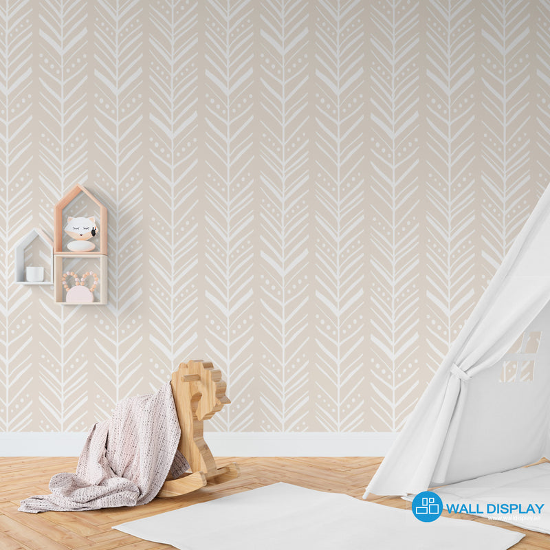 Chevron pattern kids wallpaper with white hand-drawn leaf design on pastel background for nursery, playroom, and children’s room feature wall.