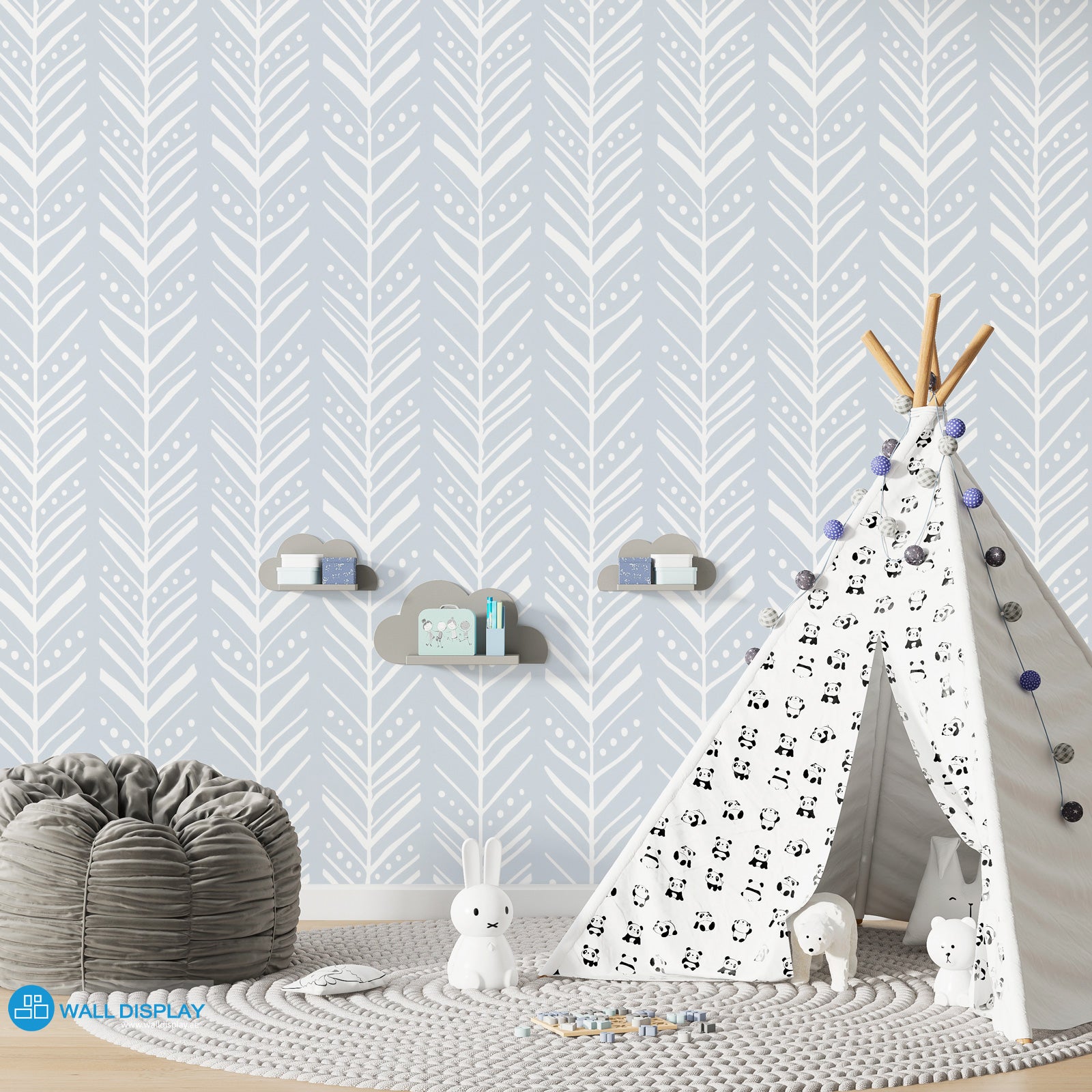 Chevron pattern kids wallpaper with white hand-drawn leaf design on pastel background for nursery, playroom, and children’s room feature wall.