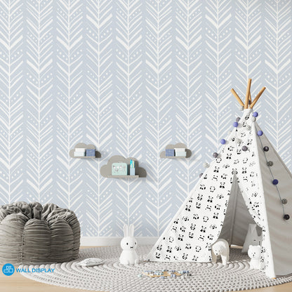 Chevron pattern kids wallpaper with white hand-drawn leaf design on pastel background for nursery, playroom, and children’s room feature wall.
