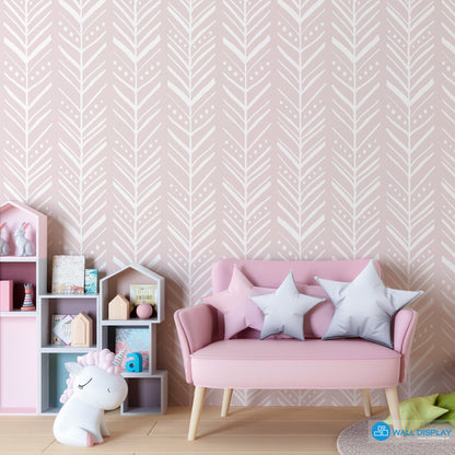 Chevron pattern kids wallpaper with white hand-drawn leaf design on pastel background for nursery, playroom, and children’s room feature wall.