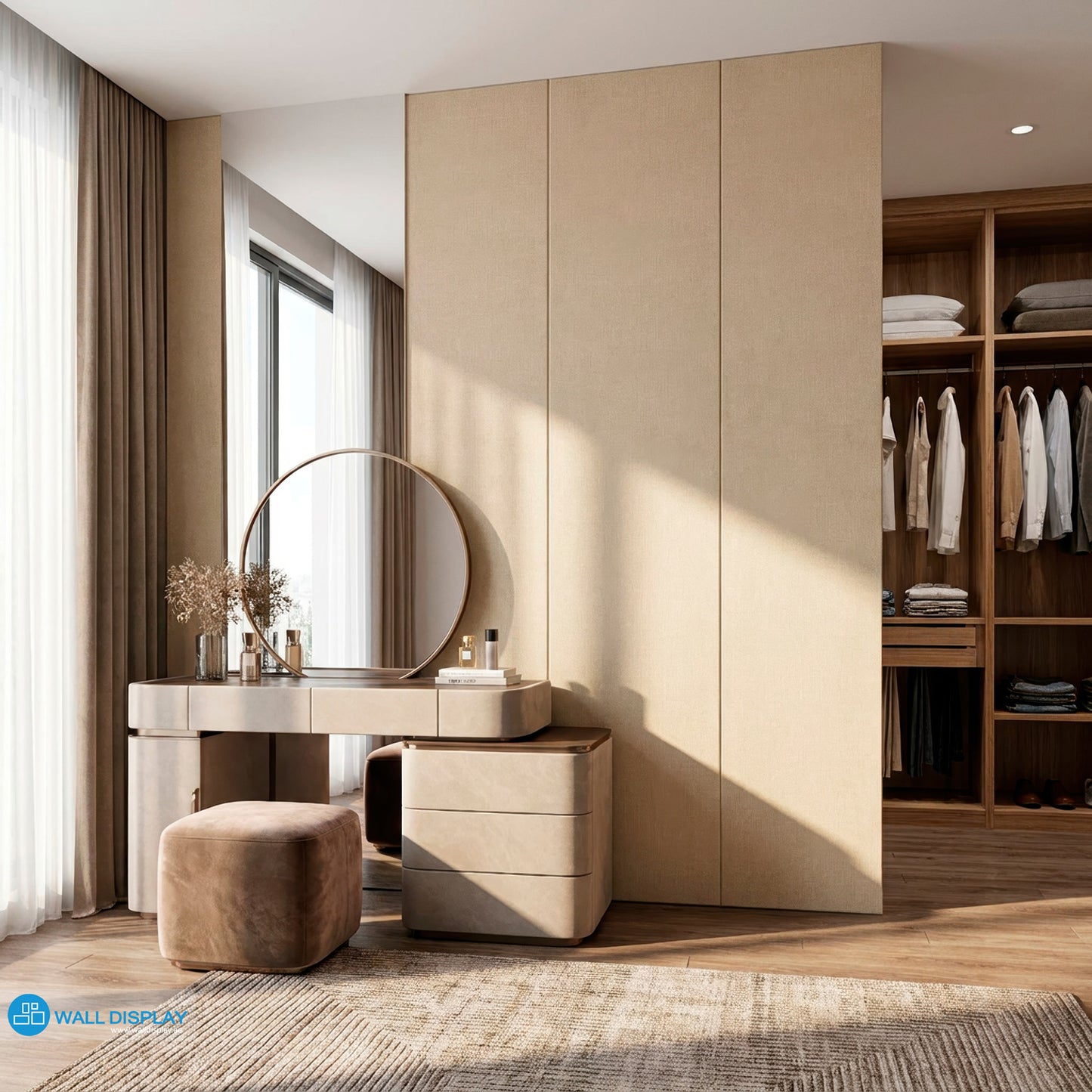 Deco Linen beige textured wallpaper with soft woven fabric effect for bedroom, living room, dressing area, office, and elegant feature wall interiors.
