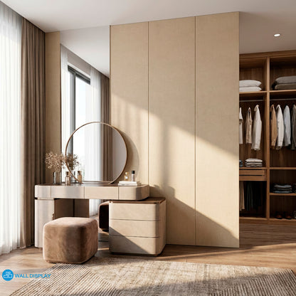 Deco Linen beige textured wallpaper with soft woven fabric effect for bedroom, living room, dressing area, office, and elegant feature wall interiors.