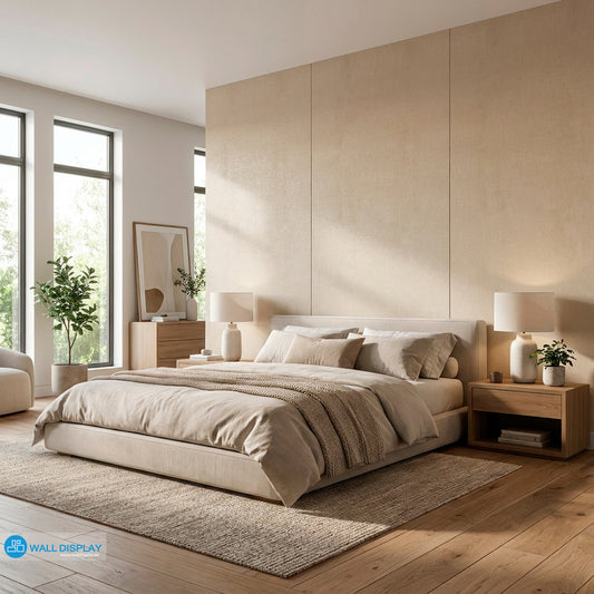 Deco Linen beige textured wallpaper with soft woven fabric effect for bedroom, living room, dressing area, office, and elegant feature wall interiors.