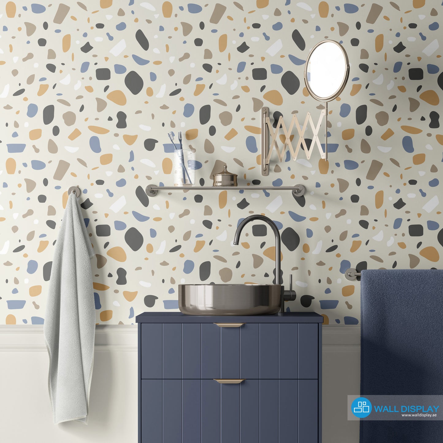 Modern terrazzo pattern wallpaper with beige, blue, tan, charcoal, and white abstract shapes on a neutral background for bathrooms, offices, and feature walls.