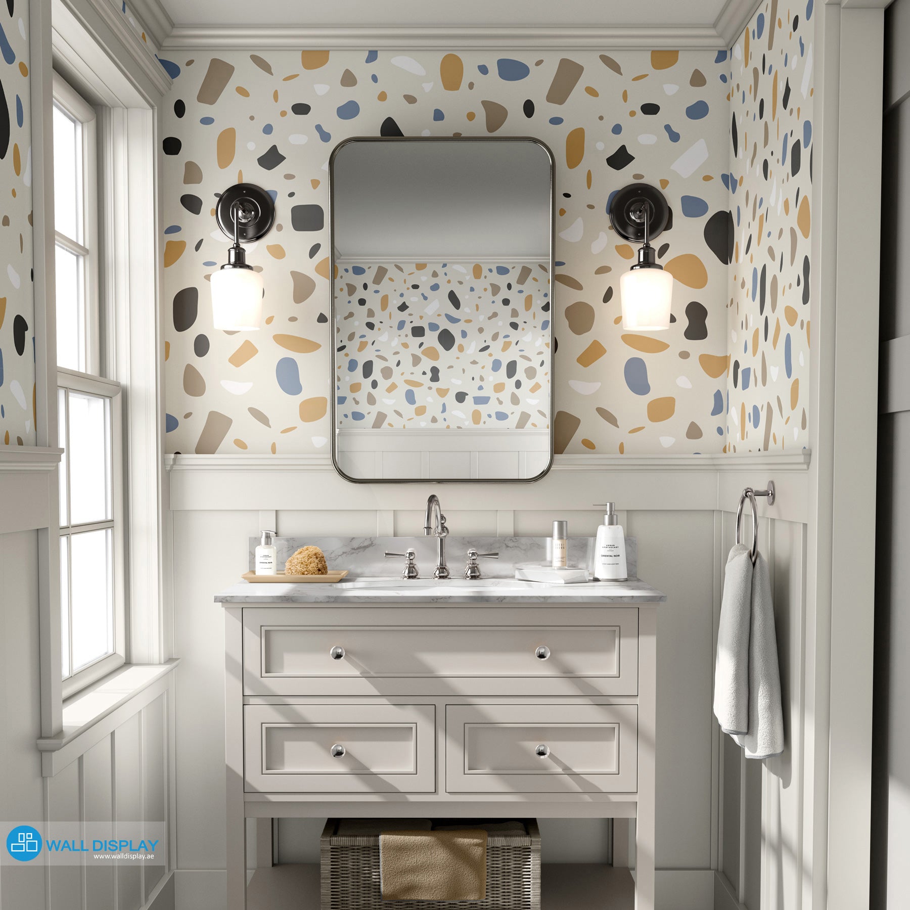 Modern terrazzo pattern wallpaper with beige, blue, tan, charcoal, and white abstract shapes on a neutral background for bathrooms, offices, and feature walls.