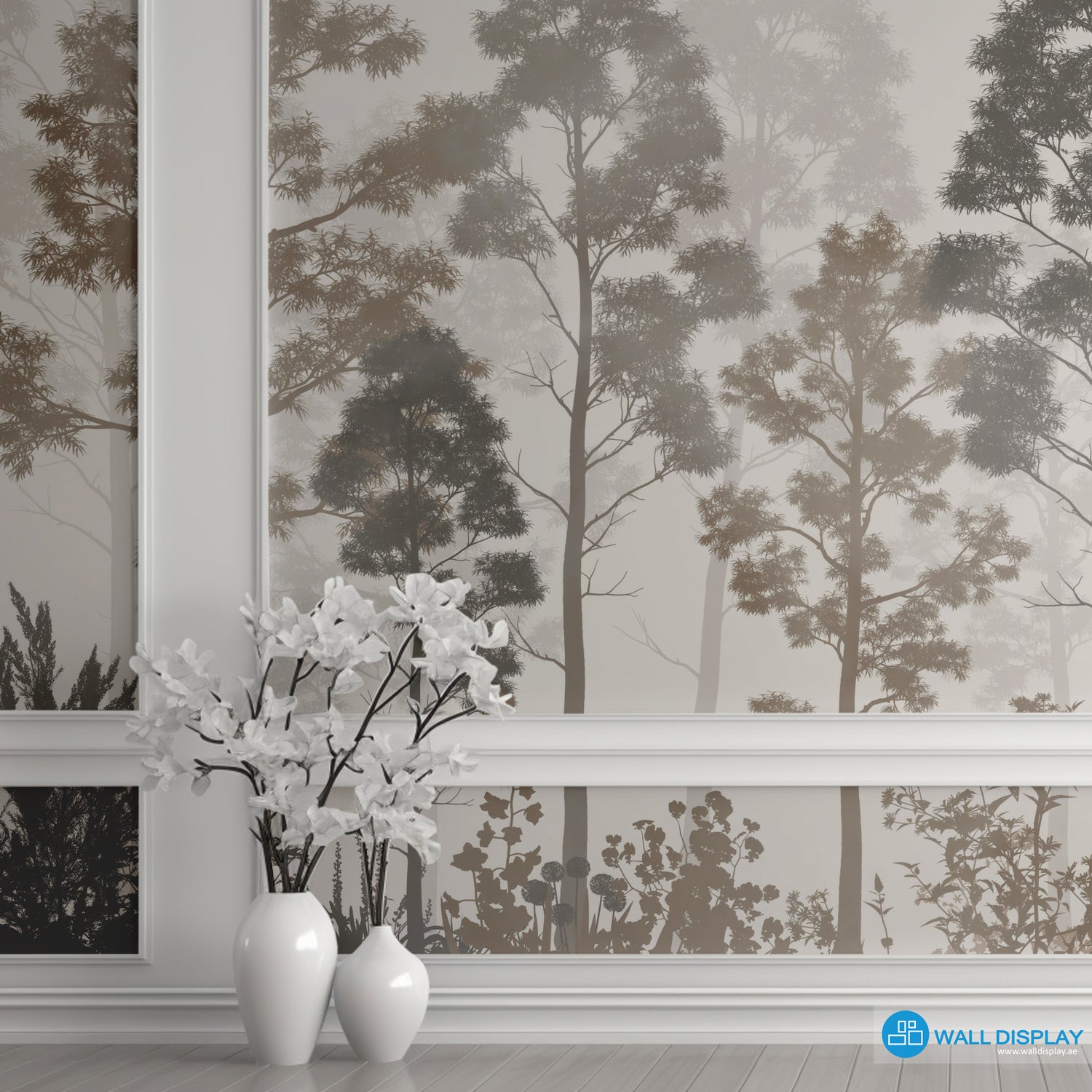 Wallpaper with forest design in a room with white vases and a framed picture.