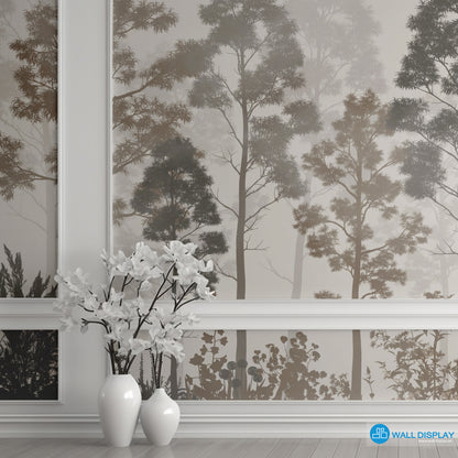 Wallpaper with forest design in a room with white vases and a framed picture.