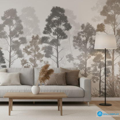 Living room with a gray sofa, wooden coffee table, and forest wallpaper.