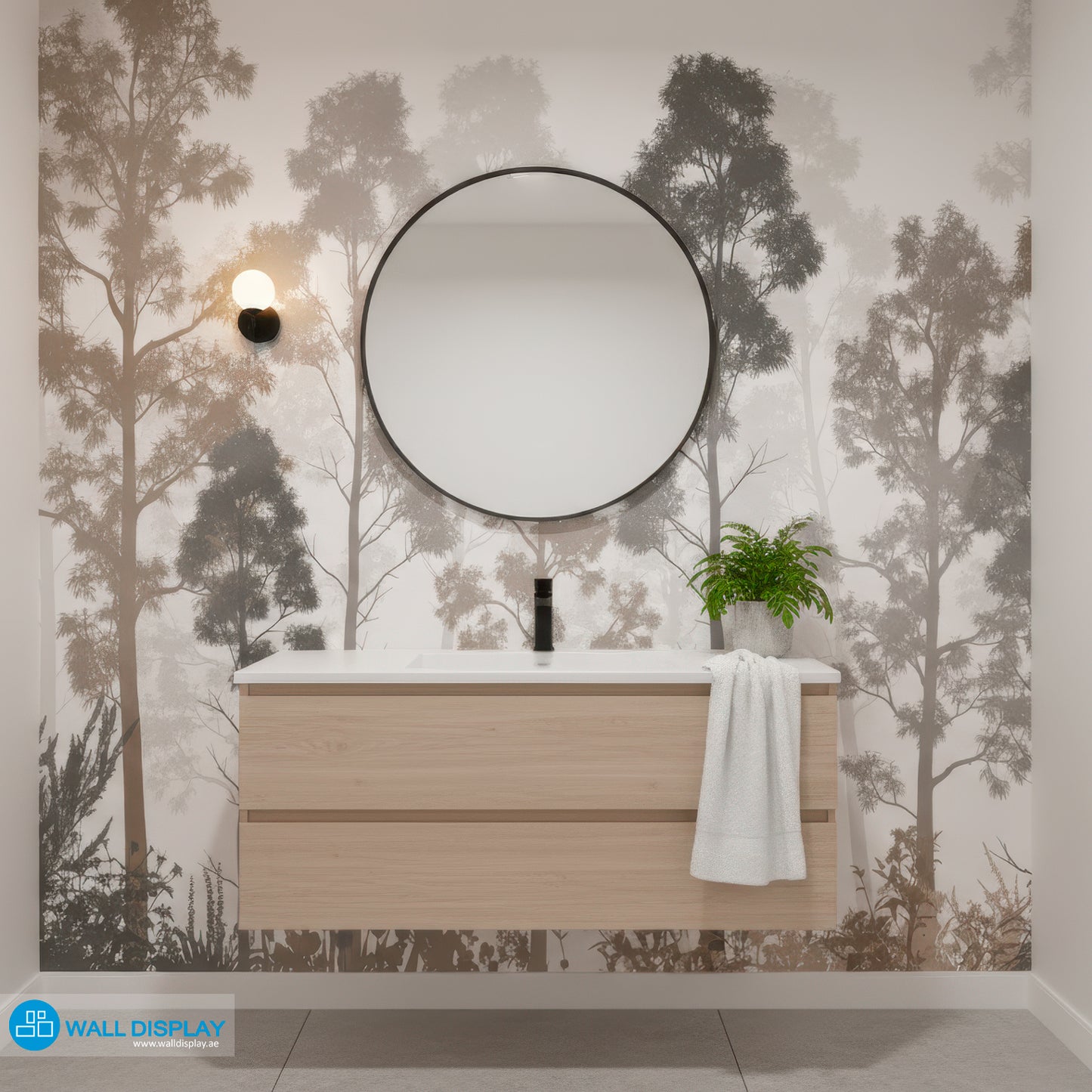 Bathroom with wooden vanity, round mirror, and forest wallpaper
