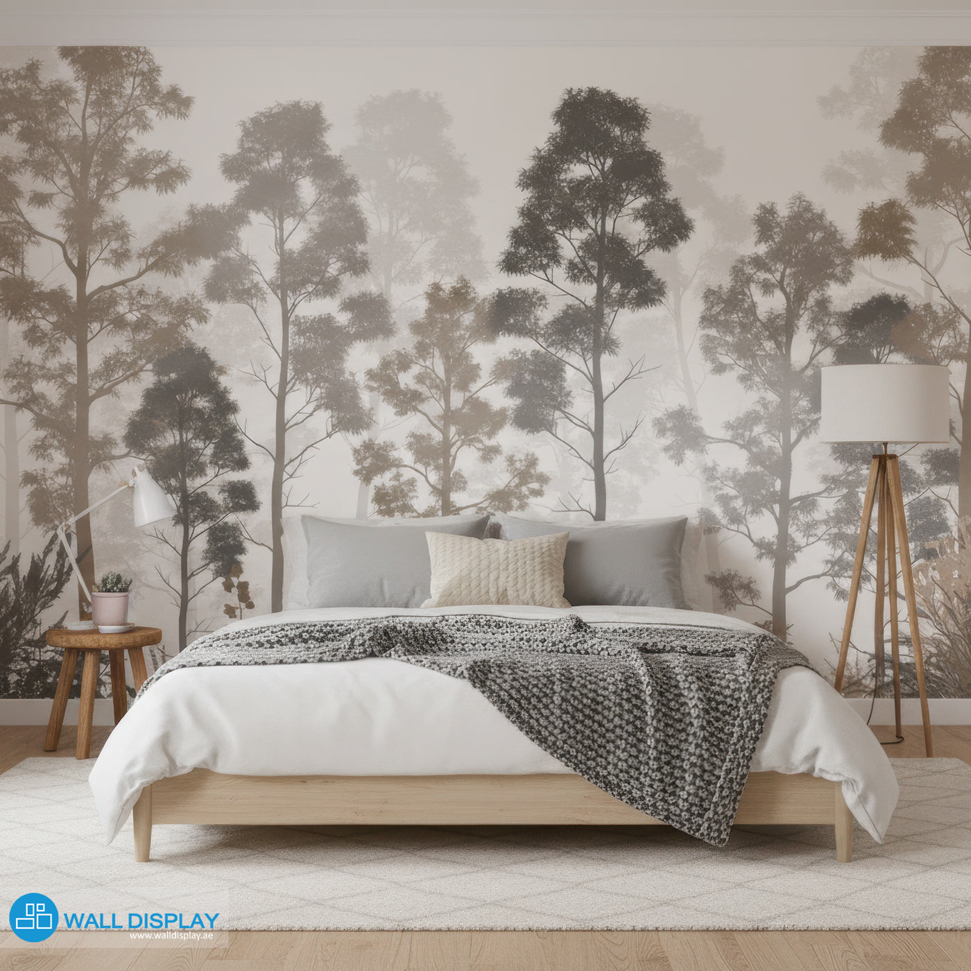 Bedroom with forest wall mural and wooden bed