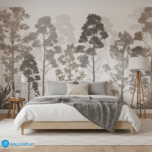 Bedroom with forest wall mural and wooden bed