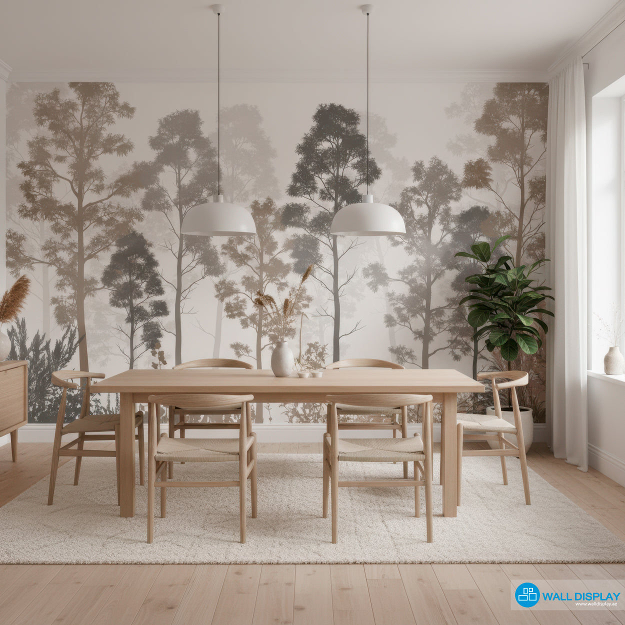 Dining room with wooden table and chairs against a forest-themed wallpaper.