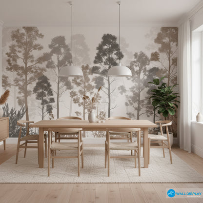 Dining room with wooden table and chairs against a forest-themed wallpaper.