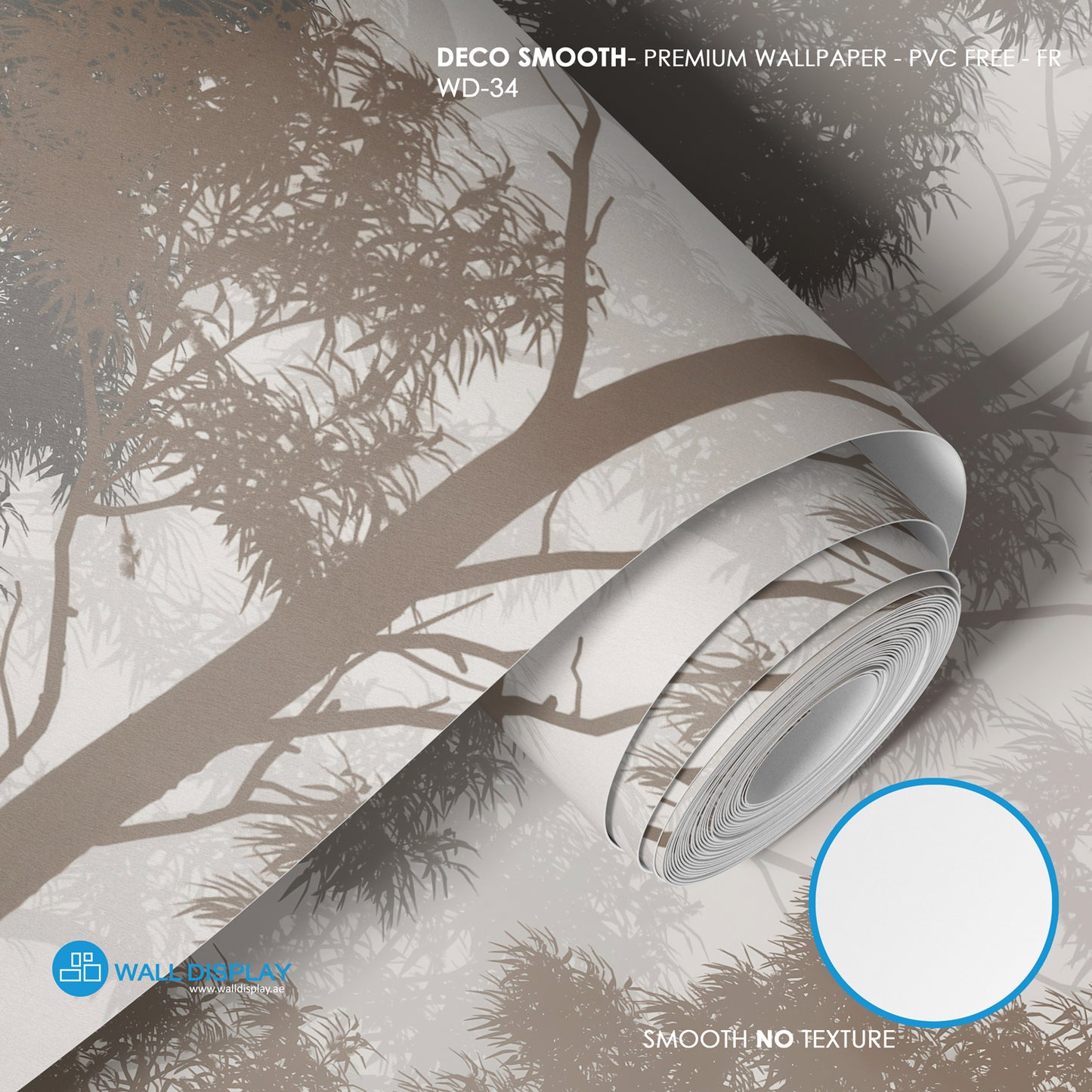 Roll of Deco Smooth wallpaper with tree silhouette design on a neutral background
