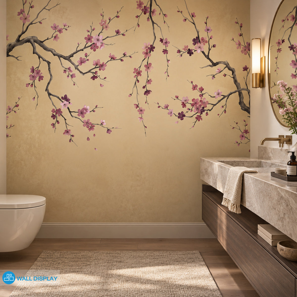Golden Sakura Chinoiserie wallpaper mural with pink blossom branches on warm golden beige background for luxury interiors in Dubai UAE