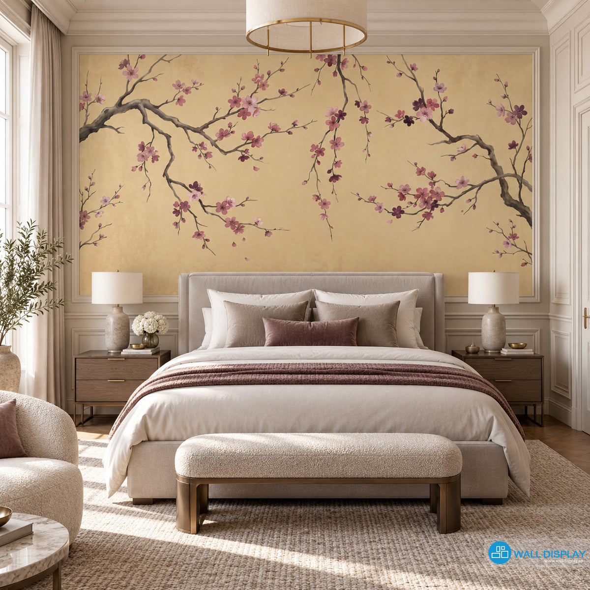 Golden Sakura Chinoiserie wallpaper mural with pink blossom branches on warm golden beige background for luxury interiors in Dubai UAE