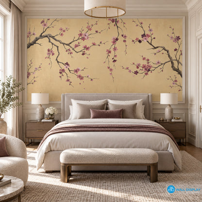 Golden Sakura Chinoiserie wallpaper mural with pink blossom branches on warm golden beige background for luxury interiors in Dubai UAE