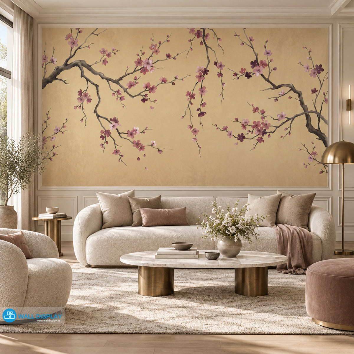 Golden Sakura Chinoiserie wallpaper mural with pink blossom branches on warm golden beige background for luxury interiors in Dubai UAE