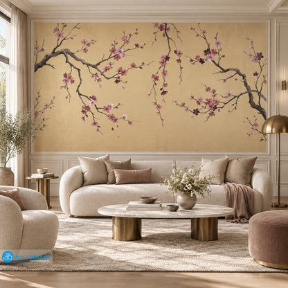 Golden Sakura Chinoiserie wallpaper mural with pink blossom branches on warm golden beige background for luxury interiors in Dubai UAE