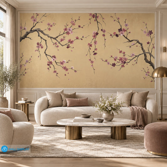Golden Sakura Chinoiserie wallpaper mural with pink blossom branches on warm golden beige background for luxury interiors in Dubai UAE
