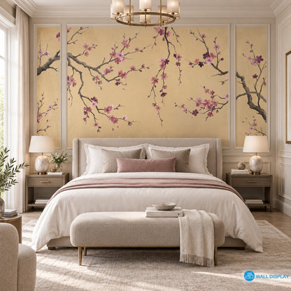 Golden Sakura Chinoiserie wallpaper mural with pink blossom branches on warm golden beige background for luxury interiors in Dubai UAE