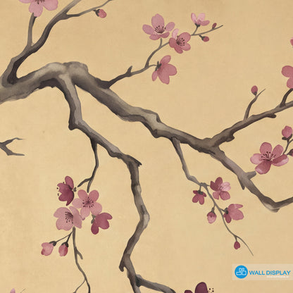 Golden Sakura Chinoiserie wallpaper mural with pink blossom branches on warm golden beige background for luxury interiors in Dubai UAE