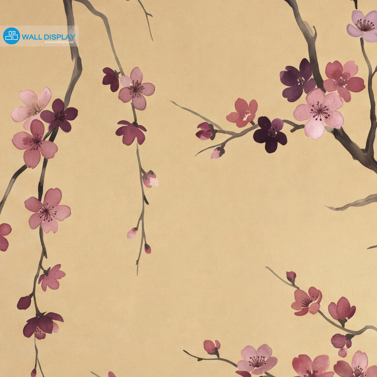 Golden Sakura Chinoiserie wallpaper mural with pink blossom branches on warm golden beige background for luxury interiors in Dubai UAE