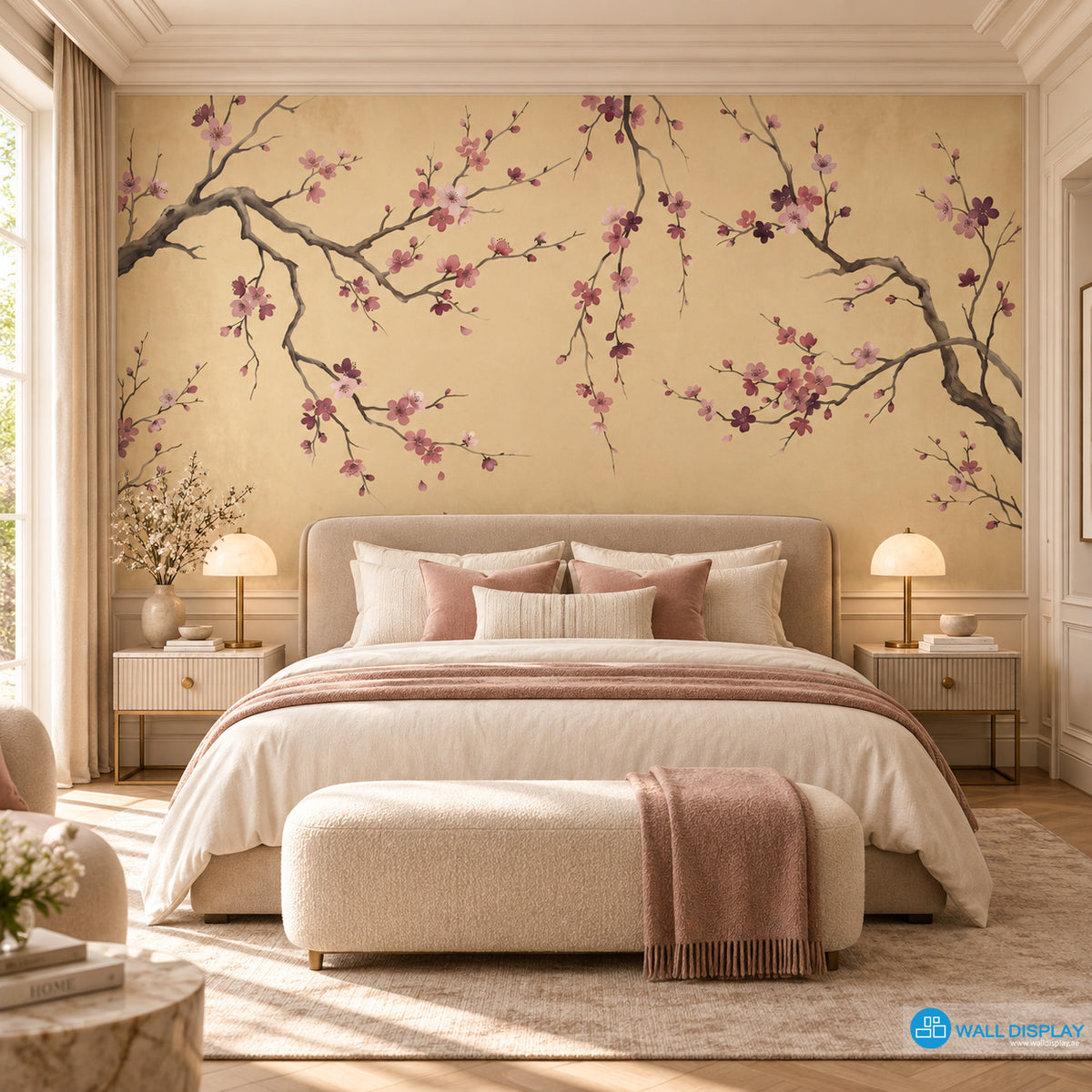 Golden Sakura Chinoiserie wallpaper mural with pink blossom branches on warm golden beige background for luxury interiors in Dubai UAE