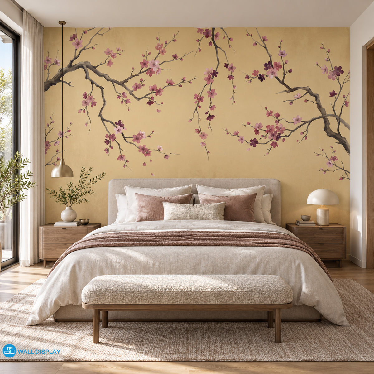 Golden Sakura Chinoiserie wallpaper mural with pink blossom branches on warm golden beige background for luxury interiors in Dubai UAE