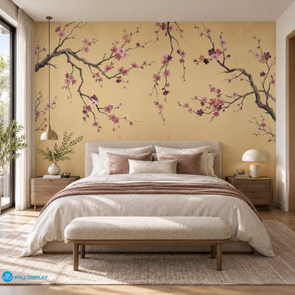 Golden Sakura Chinoiserie wallpaper mural with pink blossom branches on warm golden beige background for luxury interiors in Dubai UAE