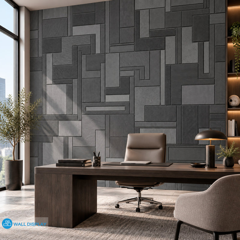 Graphite charcoal geometric wallpaper with layered rectangular panels and stone, linen and ribbed textures for modern interiors in Dubai and UAE.