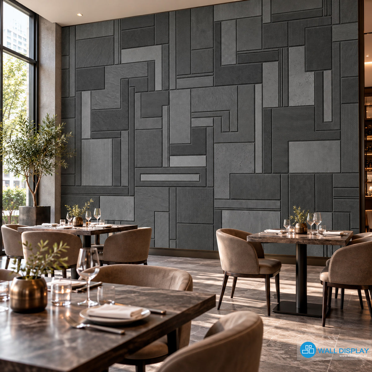 Graphite charcoal geometric wallpaper with layered rectangular panels and stone, linen and ribbed textures for modern interiors in Dubai and UAE.