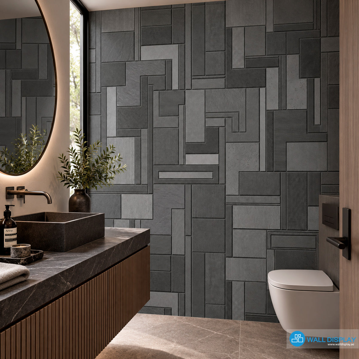 Graphite charcoal geometric wallpaper with layered rectangular panels and stone, linen and ribbed textures for modern interiors in Dubai and UAE.