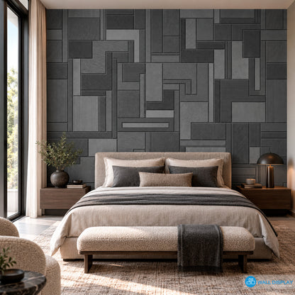 Graphite charcoal geometric wallpaper with layered rectangular panels and stone, linen and ribbed textures for modern interiors in Dubai and UAE.