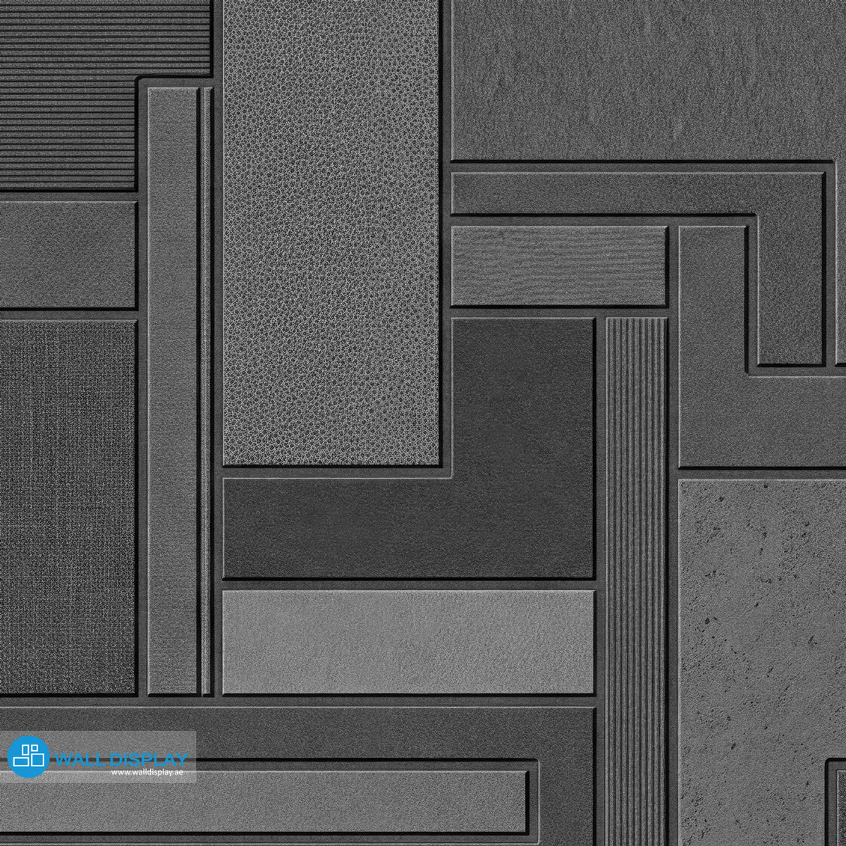 Graphite charcoal geometric wallpaper with layered rectangular panels and stone, linen and ribbed textures for modern interiors in Dubai and UAE.