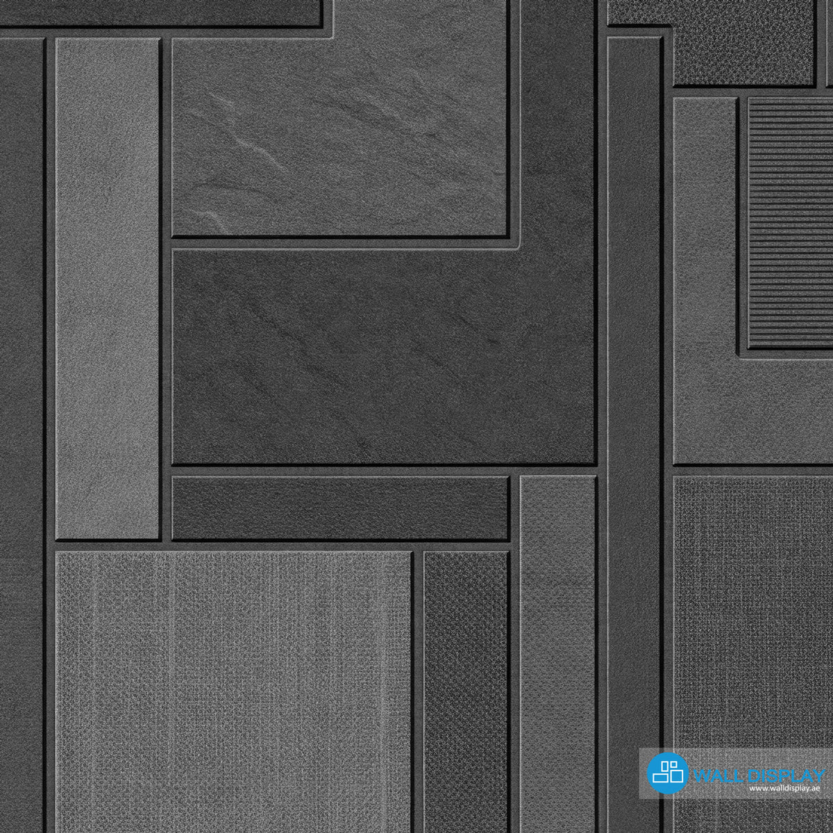 Graphite charcoal geometric wallpaper with layered rectangular panels and stone, linen and ribbed textures for modern interiors in Dubai and UAE.
