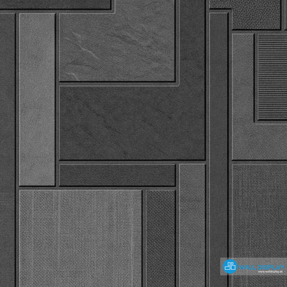 Graphite charcoal geometric wallpaper with layered rectangular panels and stone, linen and ribbed textures for modern interiors in Dubai and UAE.